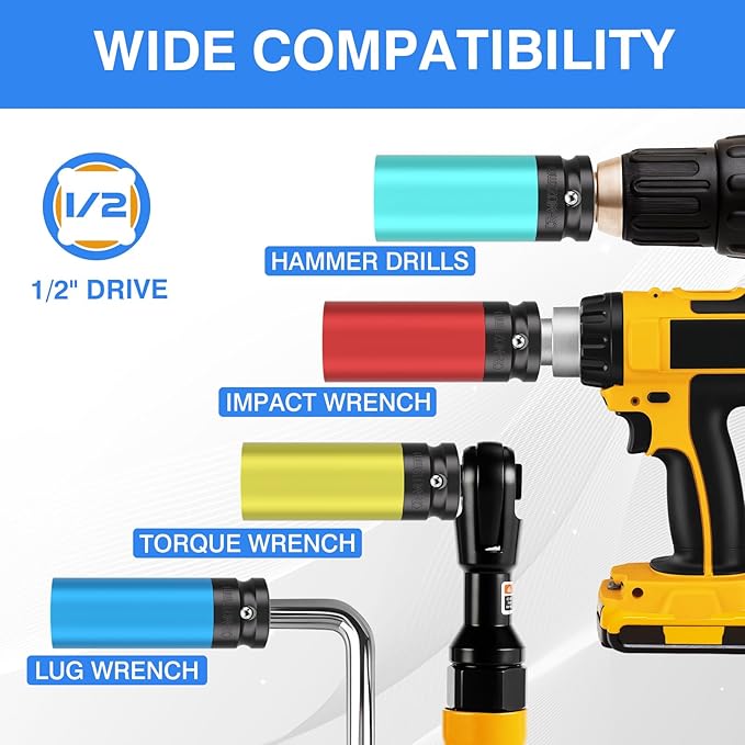 5PCS 1/2" Drive Wheel Protector Impact Socket, Non-Marring Lug Nut Deep Socket Set, CR-MO, 6 Point, Color-Coded Protective Socket | Metric 15 17 19 21 22 mm