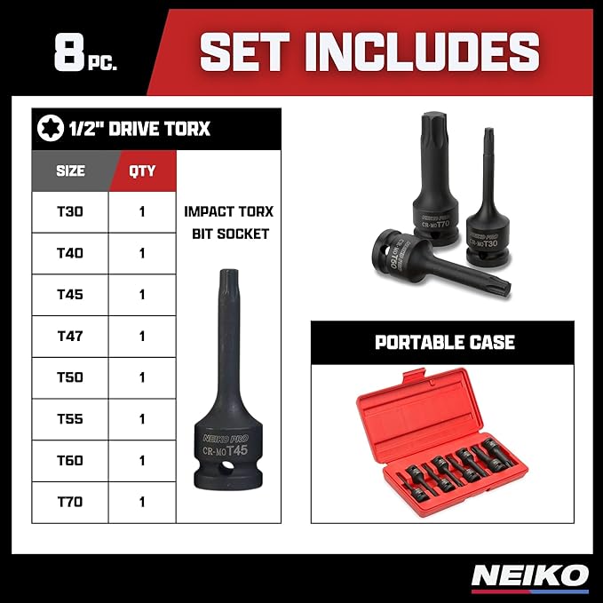 NEIKO 01138B 1/2??Drive Torx Star Driver Bit Socket Set | 8 Piece | T30 to T70 | 3??Length | Cr-Mo Impact Grade