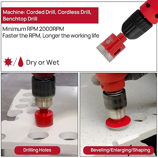 Diamond Core Drill Bit Set - FOCSTOL 11pcs (6/8/10/20/25/28/32/35/45/65mm+50mm Beveling Chamfer Bit) Hole Saw Kit for Porcelain Ceramic Tile Marble Granite with Triangle Shank