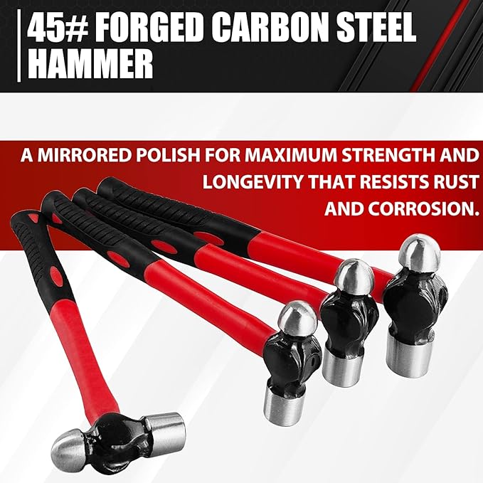 C&T 4-Piece Ball Peen Hammer Set,8 12 16 24oz, Fiberglass Handle hammer for Ball Peen,Blow Striking Ball Pein Hammer Handle Tool with Forged Steel Construction & Shock Reduction Grip for Metal Working