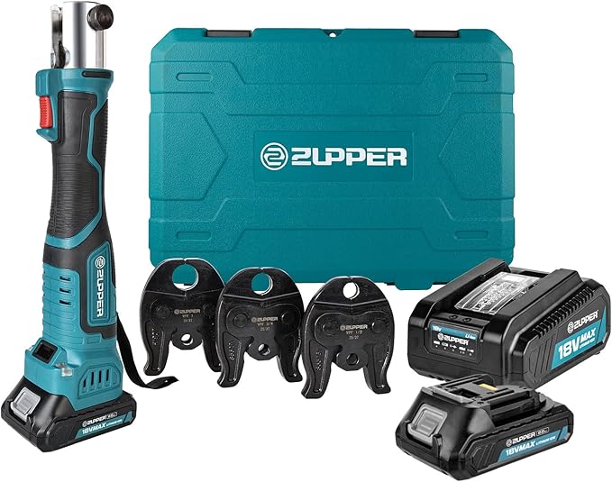 ZUPPER Mini Press Tool kit with 3 Jaws Suitable for PureFlow press fittings 1/2", 3/4", 1", Brushless Motor, 2pcs Battery, Fast Charger & Carrying Case