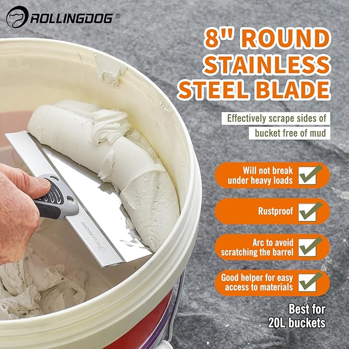 ROLLINGDOG Drywall Bucket Scoop - 8 inch Stainless Steel Bucket Scraper Mud Scoop for Drywall,Plaster for Clean Paint,Mortar,Putty,etc