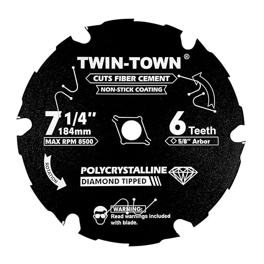 TWIN-TOWN 7-1/4 Inch 6 Tooth Polycrystalline Diamond Tipped (PCD) Hardie Fiber Cement Saw Blade with 5/8 Inch Arbor