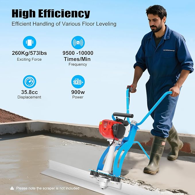4-Stroke Gas Concrete Vibrating Machine, 900W 35.8CC Commercial Power Screed Vibrating Screed Power Unit Concrete Wet Screed Gasoline Cement Vibrator with 0.65L Fuel Tank for Pavement & Bridge Decks