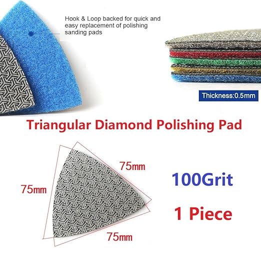Electroplated Diamond Sanding Pad,100Grit 75mm Triangular Grinding Pad Hook and Loop Backing for Glass Porcelain Ceramic Hand Polishing & Trimming (1pc)