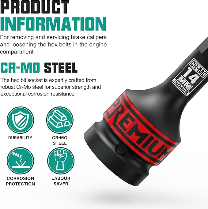 3/4" Drive H14 Impact Hex Bit Socket, 14 mm Allen Bit Socket, Metric, Cr-Mo Steel, Car Maintenance, Furniture Installation, Mechanic Use