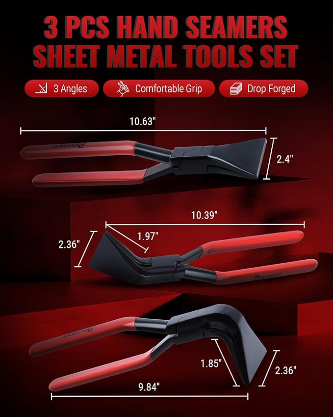 Hand Seamers Sheet Metal Tools, 3 Pieces Sheet Metal Bender for Bending and Flattening Sheet Metal, Straight Jaw, 45째, and 90째 Metal Bending Tool with Tool Box Storage Case
