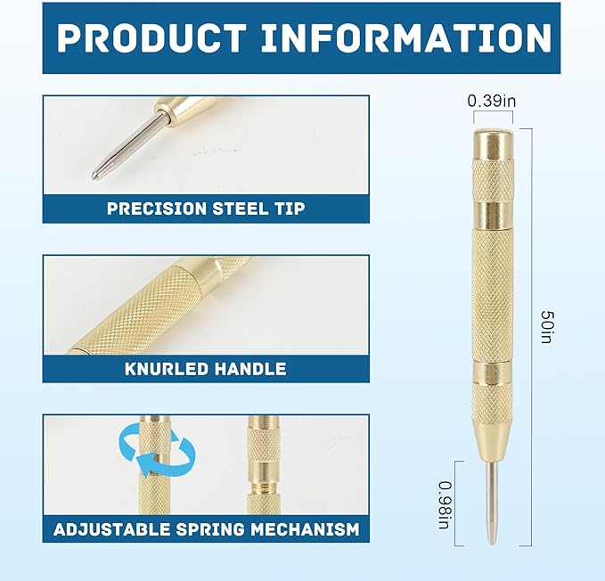 2PCS Automatic Center Punch,5'' Spring Loaded Center Punch, Heavy Duty Steel Adjustable Center Marker Punch Tool with 2PCS Extra Replacement Tip for Metal,Plastic,Wood,Glass by YUIOASE