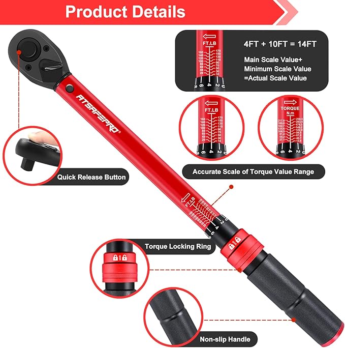 ATsafepro 1/2-Inch Drive Click Torque Wrench,10-170FT.LB/13.6-230.5N/M & Dual-Direction, 72-Tooth Dual Range Scales Torque Wrench 1/2 Drive,Easy Use for Motorcycle,Car,etc