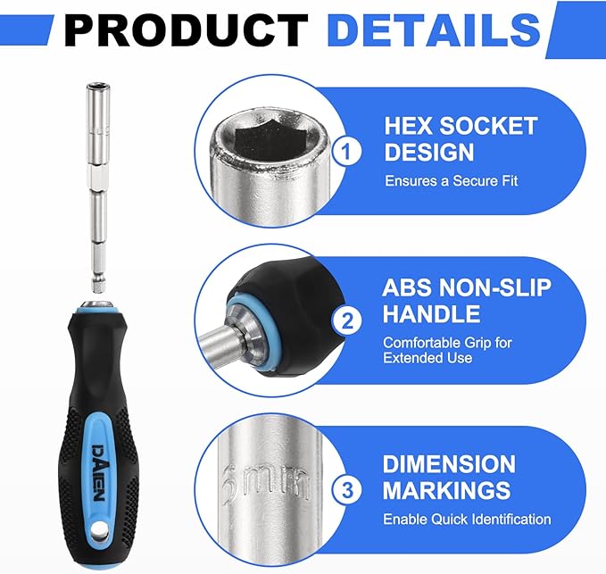 HARFINGTON Metric Nut Driver 6mm/8mm/10mm CR-V Non-Magnetic Detachable Tip Hollow Shafts Hex Socket Screwdriver with Anti-Slip Handle for Automobile Repair Bit Driver, Blue/Black