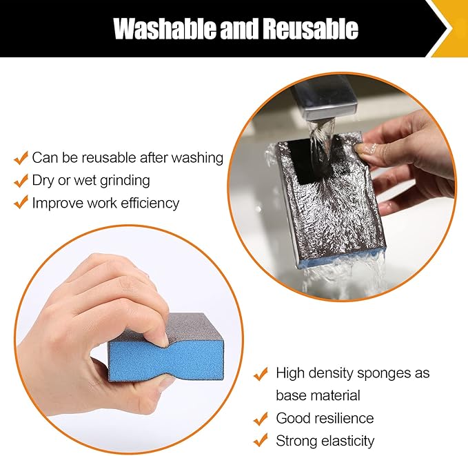 BOSHCRFAT 10 Pack Sanding Block, Washable and Reusable Sanding Sponge for Wood Drywall Metal Glasses Coarse/Medium/Fine/Superfine in 60/80/100/120/180/220 Grit Sandpaper Block Sand Paper Brick