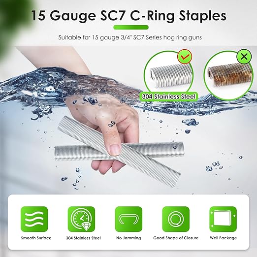 CTS SC7/C24 15 Gauge 3/4??Crown 304 Stainless Steel Hog Rings 1000PCS, C-Ring Staples for Hog Ring Gun, Hog Ring Staples for Cage Building, Wire Fencing, Upholstery, Fastening