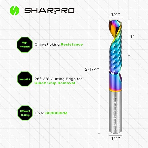 O Flute Upcut Spiral Router Bit 1/4 Inch Shank 1/4" Cutting Dia. 1" CL. 2-1/4"OVL. Carbide Single Flute CNC Router Bit, Ideal for Aluminum, Plastic, Acrylic, Wood, MDF and PVC