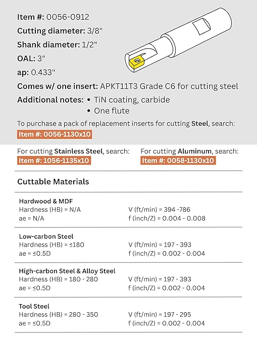 Accusize Industrial Tools 3/8'' 90 Deg Square Shoulder Indexable End Mill with 3'' Overall Length, APKT11T3 Carbide Inserts, 1 Flute, 0056-0912