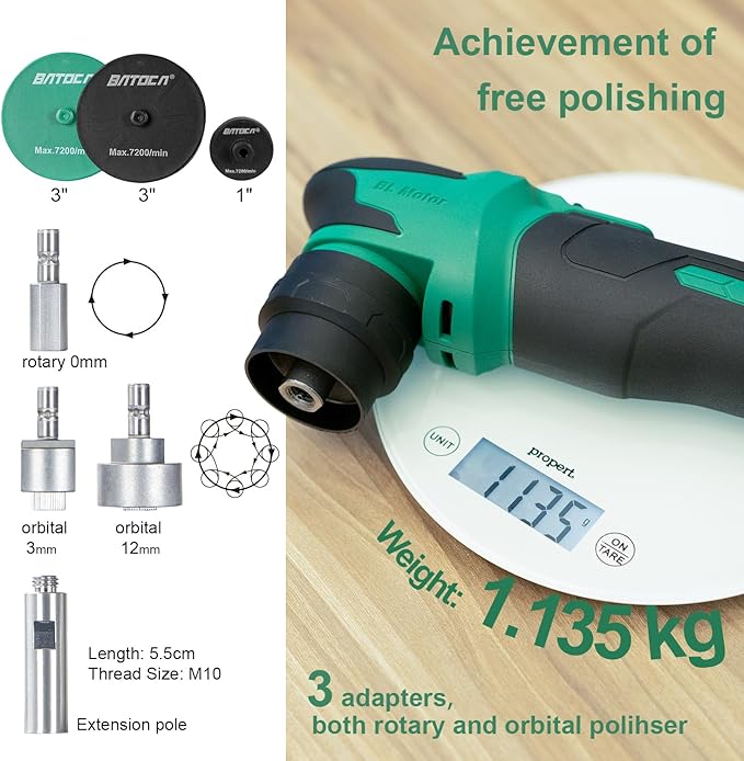 BATOCA S4 Cordless Polisher for Car Detailing with 2Pcs 12V 2.5Ah Batteries, Both Rotary Buffer & Dual Action Polisher, 1&3inch Brushless Polisher, Basic Kit
