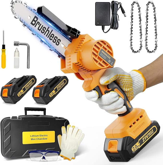 Mini Chainsaw Cordless 6 Inch, Brushless Electric Chainsaw with 2횞2000mAh Batteries, Battery Powered Chain Saw for Garden Pruning, Tree Trimming, Wood Cutting, Gift for DIYers