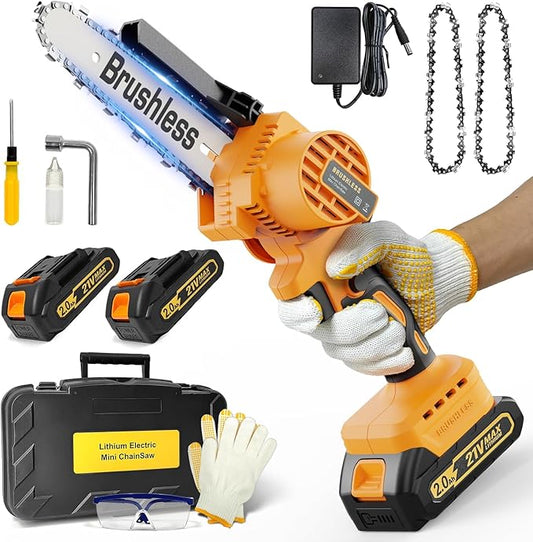 Mini Chainsaw Cordless 6 Inch, Brushless Electric Chainsaw with 2횞2000mAh Batteries, Battery Powered Chain Saw for Garden Pruning, Tree Trimming, Wood Cutting, Gift for DIYers