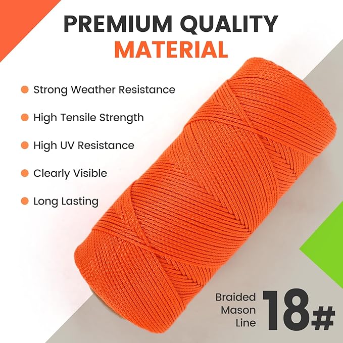 MERIANE Mason Line, 1000 Ft #18 Braided Nylon String, Premium String for Masonry Jobs, Construction, Gardening, Net Making and Mending, DIY Projects, Fluorescent Orange