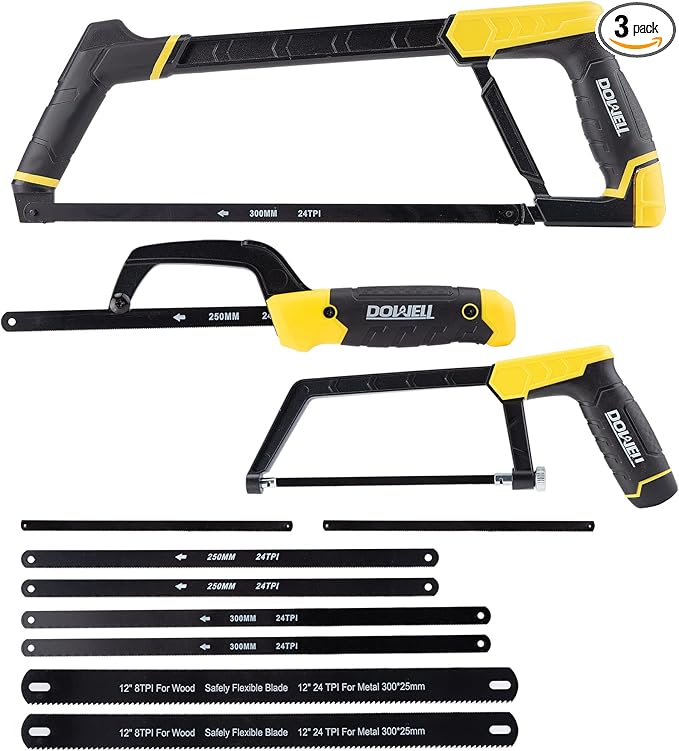 DOWELL Hacksaw Frame Set Heavy Duty Handsaw 12-inch 10-inch 6-inch Mini Hacksaw Hand Saw 8 Extra Blades Multi-function for Metal Wood PVC Pipes