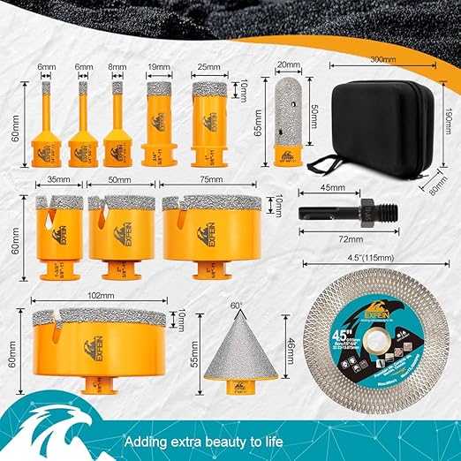 Tile Hole Saw Kit 13pcs - 6/6/8/19/25/35/50/75/102mm Diamond Core Drill Bits, 4/5 Inch Milling Bit + 2 Inch Chamfer Bit + Adapter + 4.5 Inch Grinding & Cutting Disc for Tile Marble Granite