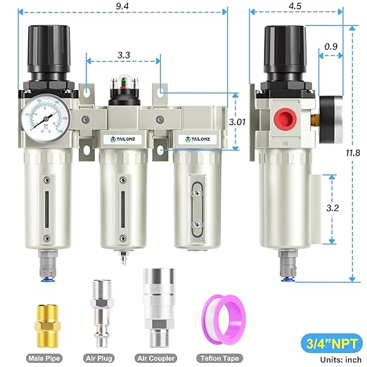 TAILONZ PNEUMATIC 0-240PSI 3/4" NPT Industrial 3-Stage Air Dryer System ??Particulate Filter, Coalescing Filter, Desiccant Dryer & Regulator (Auto Drain)