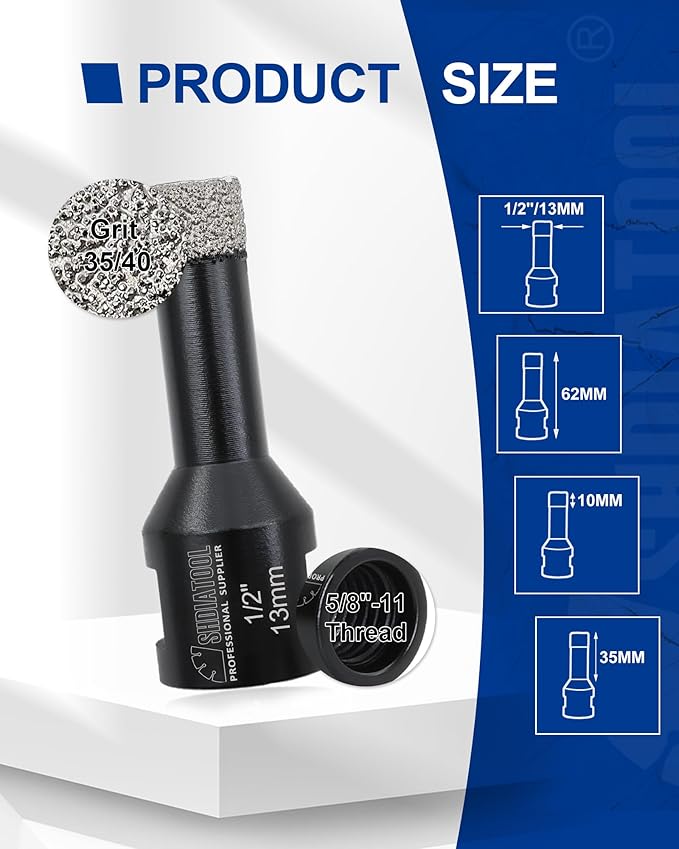 SHDIATOOL Diamond Core Drill Bits 2PCS 1/2 Inch(13mm) for Porcelain Ceramic Tile Marble Brick Vacuum Brazed Hole Saw 5/8" Thread for Angle Grinder