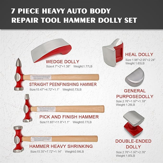 7 Piece Auto Body Repair Kit竊똇ammer and Dolly Tools with Carbon Steel on Wood Handles,Performance Heavy Duty Dollies Set,Roller Fixer Dent Remover Tool.