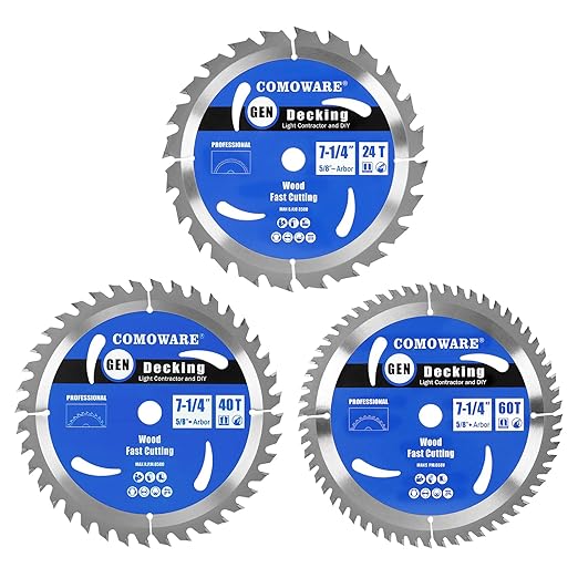 COMOWARE 7 1/4“ Circular Saw Blade (3Pack), 24T&40T&60T ATB Circular Saw Blade, 5/8" Arbor, TCT, Anti-Vibration, Teflon Anti-Stick, Miter Saws Blades for Wood, Laminate, Plywood & Hardwoods