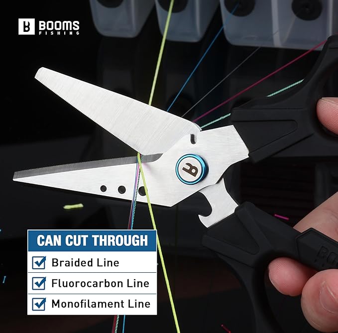 Booms Fishing Braided Line Cutter: 6.3in Multifunction Fishing Scissors with Lanyard and Sheath - Fishing Shears with Serrated Blades and Side Wire Cutter, S04