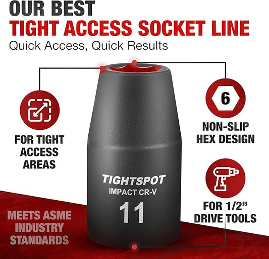 TIGHTSPOT 1/2 Inch Drive - 11mm Shallow Impact Socket with Anti-Rounding 6 Point Design, Heat-Treated CRV Steel, Metric