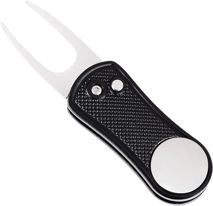 Mile High Life Golf Divot Repair Tool, All Metal Foldable Divot Tool with Pop-up Button & Magnetic Ball Marker