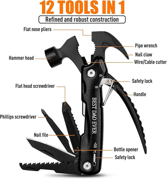 BIIB Gifts for Dad, 12 in 1 Hammer Multitool Camping Essentials, Gifts for Men, Stocking Stuffers for Men, Mens Gifts for Dad Him Husband, Dad Gifts for Mens Who Have Everything, Camping Survival Gear
