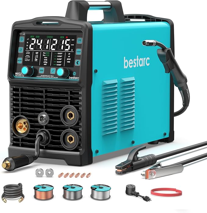 bestarc 215Amp MIG Welder, 110V 220V Gas MIG/Flux Core MIG/Stick/Lift TIG/Spool Gun/Spot Welding 7 IN 1 Aluminum Welding Machine, IGBT Multiprocess bestarc Welder with Synergy, Spool Gun Compatible