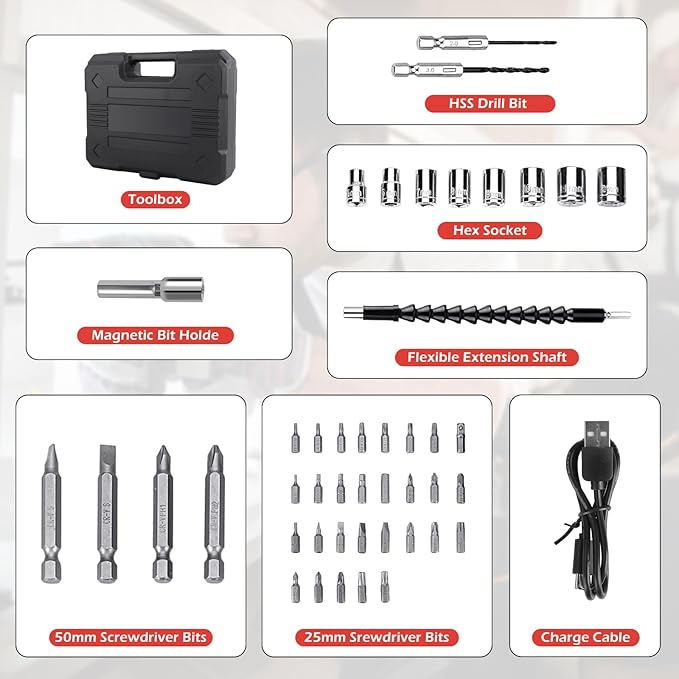 Power Screwdriver Cordless, JENABOM Screwdriver Bits Set Rechargeable, 3.6V Li-ion 3.5N쨌m Max Torque Electric Rotatable Drill Screwdriver for Home Improvement DIY Project, 47 Pcs