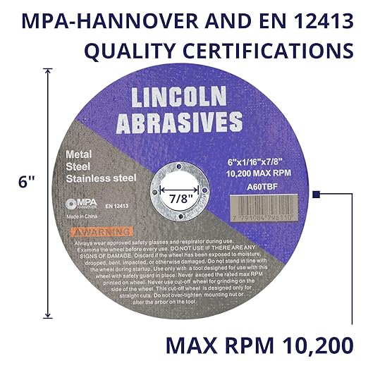 200 Pc 6" x 1/16" x 7/8" Cut-Off Wheels Lincoln Abrasives Metal & Stainless Steel