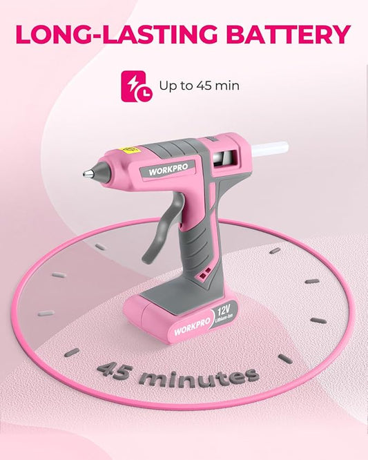 WORKPRO Full Size Cordless Hot Melt Glue Gun - 12V Rechargeable Fast Preheating Glue Gun Kit with 15pcs Full Size Glue Sticks, Auto Power-off Glue Gun for DIY Project, Art, Craft - Pink Ribbon