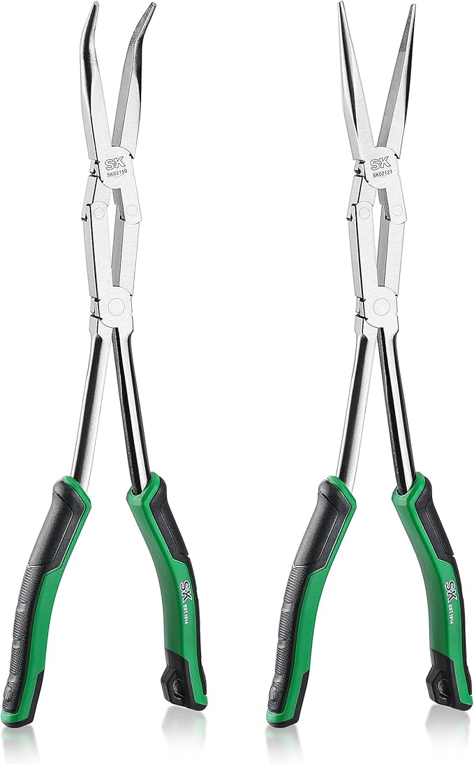 SK 2-Piece Double Compound Long Reach Pliers Set, 13-Inch Straight Long Nose Pliers, 45째 Bent Nose, with Comfort Grips, Premium CR-V Steel Construction