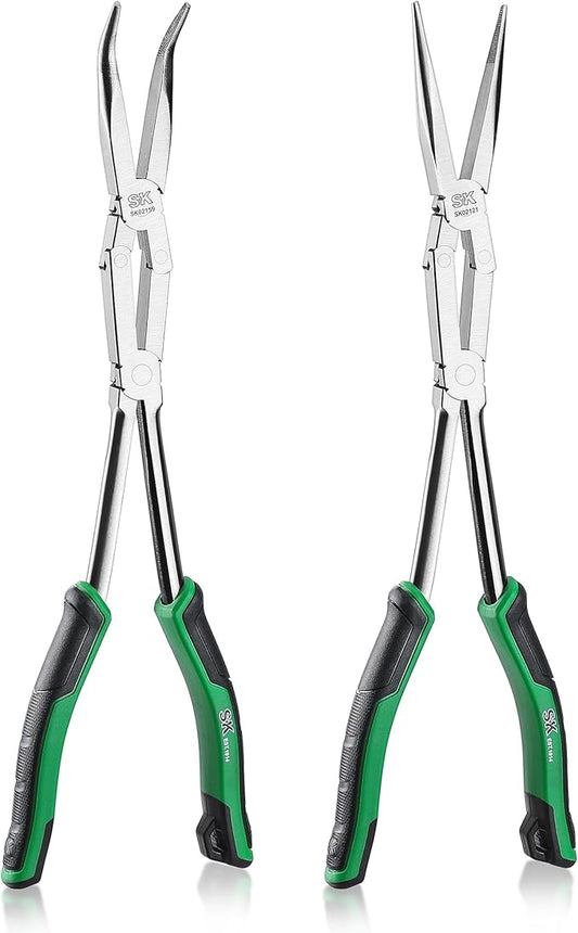 SK 2-Piece Double Compound Long Reach Pliers Set, 13-Inch Straight Long Nose Pliers, 45째 Bent Nose, with Comfort Grips, Premium CR-V Steel Construction