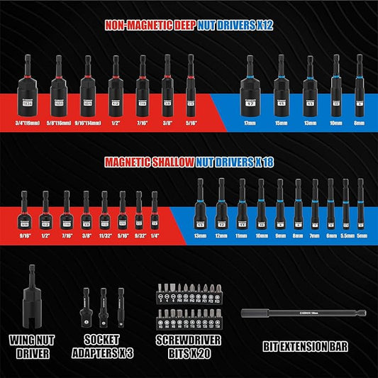 CASOMAN 55-Piece Magnetic Nut Driver Set for Impact Drill, Deep & Shallow, Metric & SAE, Includes Screwdriver Bits, Bit Extension Bar, Socket Adapters & Wing Nut Driver