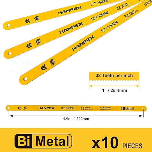 Hacksaw Replacement Blades (10 Pack) High Speed 32 TPI - 12" Length Hack Saw Blade - Bi-Metal HSS Cutting Blades