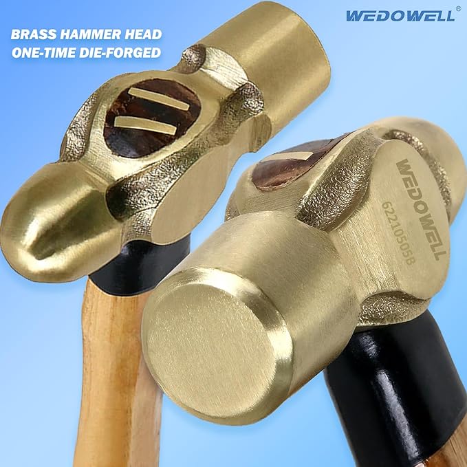 WEDOWELL 3/4lb Brass Ball Pein Hammer, Brass Ball Peen Hammer with Wooden Handle,Length 300mm,Die-forged,DIN Standard,Ideal for Demolition,Construction,Blacksmithing