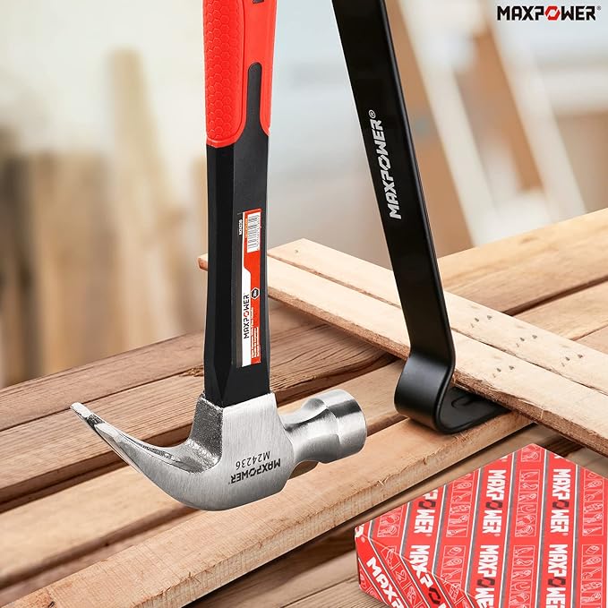 MAXPOWER Hammer and Pry Bar Set, 20oz Claw Hammer &15-inch Flat Pry Bar