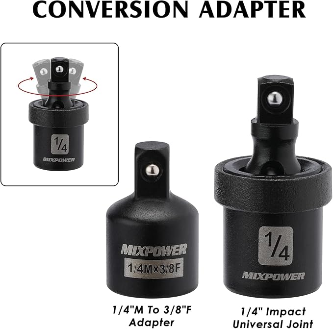 MIXPOWER 55 Pieces 1/4" Dr. Impact Socket Set, CR-V, 6 Point, SAE/Metric, 5/32 Inch - 9/16 Inch, 4mm - 15mm, Shallow/Deep, Including Adapter, Extension, Universal Joint
