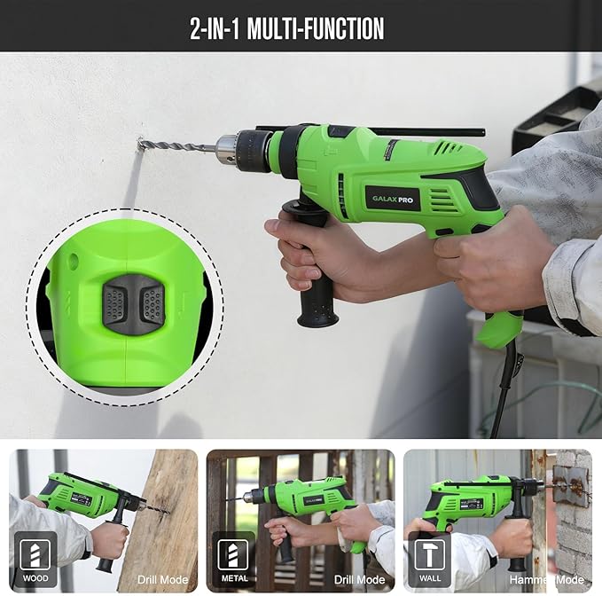 GALAX PRO 7Amp 850W 2-in-1 Hammer Drill, 0-3000 RPM, 13 mm Metal Chuck, 360째 Adjustable Auxiliary Handle, Comes with 13 Accessories, Suitable for Concrete, Metal, and Wood