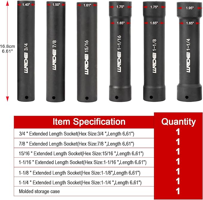 LLNDEI 1/2 Inch Drive Extended Length Impact Socket Set 6PCS Extra Deep Socket Set Include Sizes 3/4", 7/8", 15/16", 1-1/16", 1-1/8", 1-1/4" for High Torque Use
