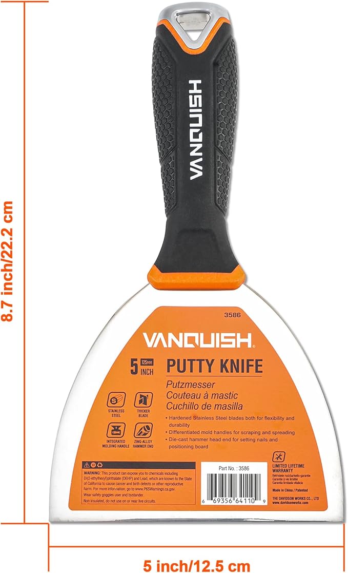 VANQUISH Stainless Steel Putty Knife, 5 Inch Paint Scraper with Soft Grip Handle and Metal Hammer End for Drywall Spackle, Taping, Scraping Paint 3586