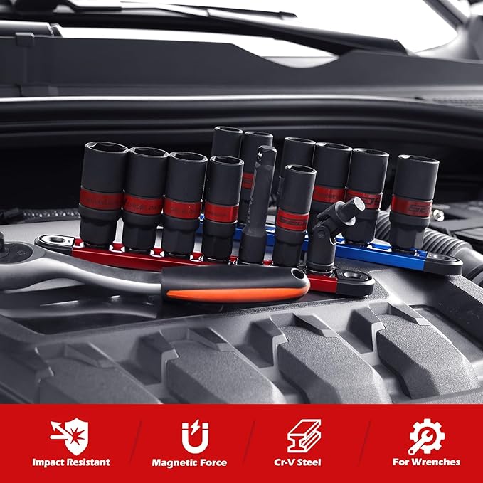 8-Piece 3/8''-Drive Spark Plug Socket Set, Impact Spark Plug Socket Set with Magnetic Rail, SAE & Metric, 5/8-inch, 3/4-inch, 13/16-inch, 14mm, 18mm, Extension Bars, Universal Joint