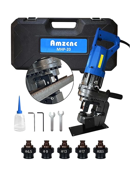 AMZCNC 110V 1200W Electric Hydraulic Hole Puncher 過1/4"-4/5" Punching Machine Metal Hole Punch with Carbon Brush 5 Dies for Iron Copper Aluminum Plate Angle Steel