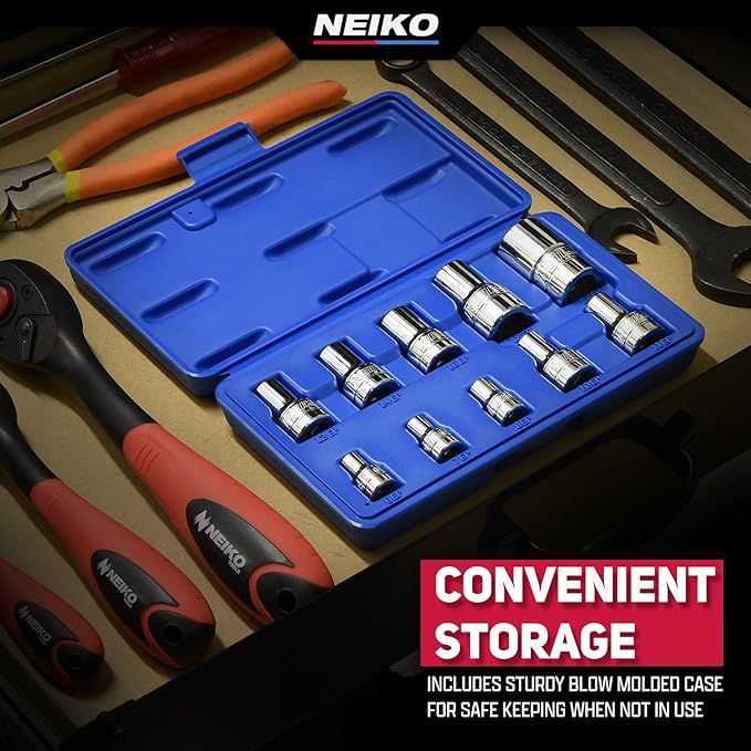 Neiko 04300A E-Torx Socket Set, 14 Piece, External Torx Socket, E4 to E24, 1/4?? 3/8??and 1/2??Drive, Female Star External Torx, Inverted Torx Socket Set, Cr-V Steel