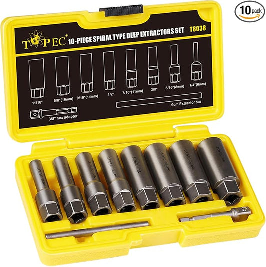 Topec 10-Piece Spiral Type Deep Bolt Extractor Set, Spark Plug Extraction Socket Set, Stripped Lug Nut Remover for Removing Broken, Damaged, Frozen, Rusted, or Rounded-Off Bolts, Nuts, Screws, Studs